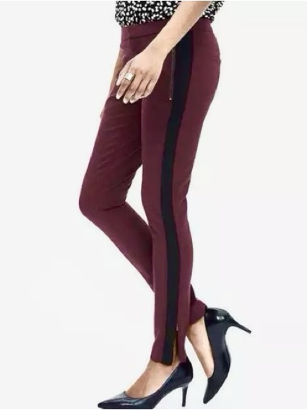 Banana Republic Burgundy Skinny Ponte Pants with Black Side Stripe